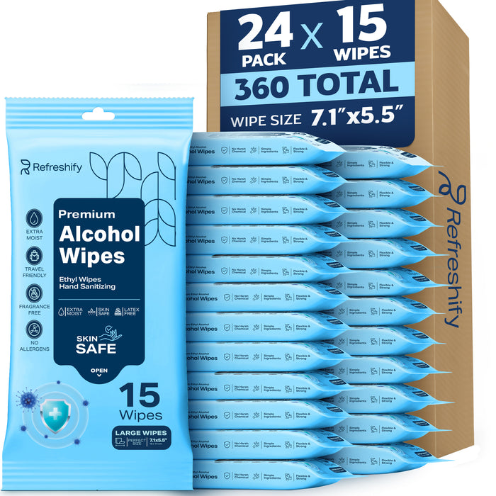 360 Large Alcohol Wipes - 75% Ethyl Alcohol Hand Wipes - 24 Packs of 15 - Fragrance Free, Skin Safe, Latex Free for Travel, Nails