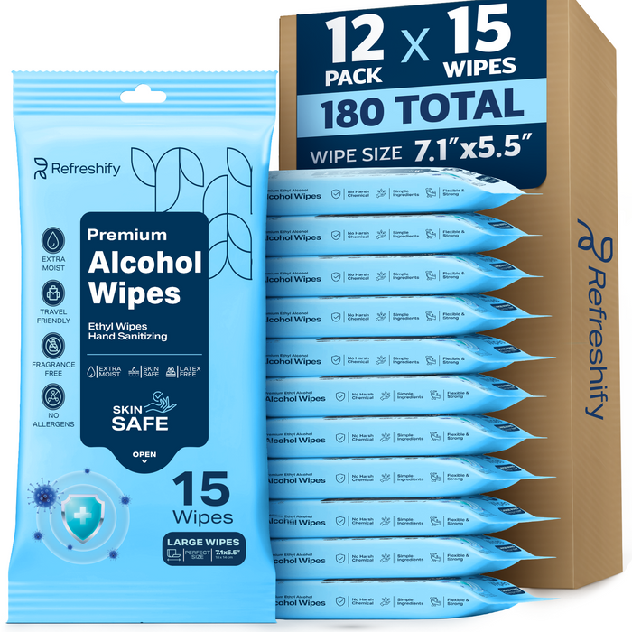 180 Large Alcohol Wipes - 75% Ethyl Alcohol Hand Wipes - 12 Packs of 15 - Fragrance Free, Skin Safe, Latex Free for Travel, Nails