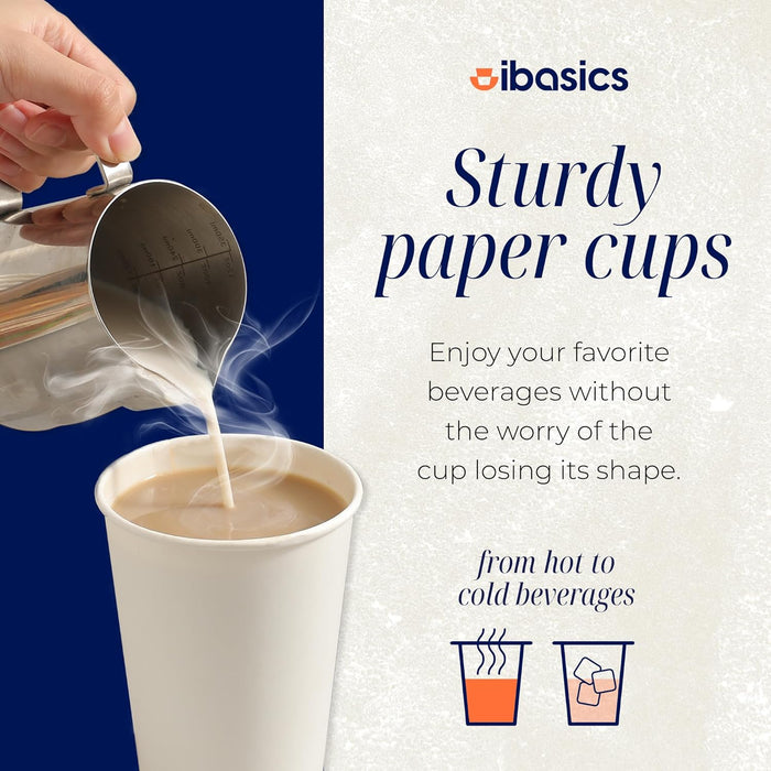 IBASICS 12 oz Coffee Cups - Case of 100 Disposable Hot Cups | White Paper Cup for Beverages | Ideal Paper Coffee Cups for Office, Events | Durable Paper Cups 12 oz Size for Hot Drinks