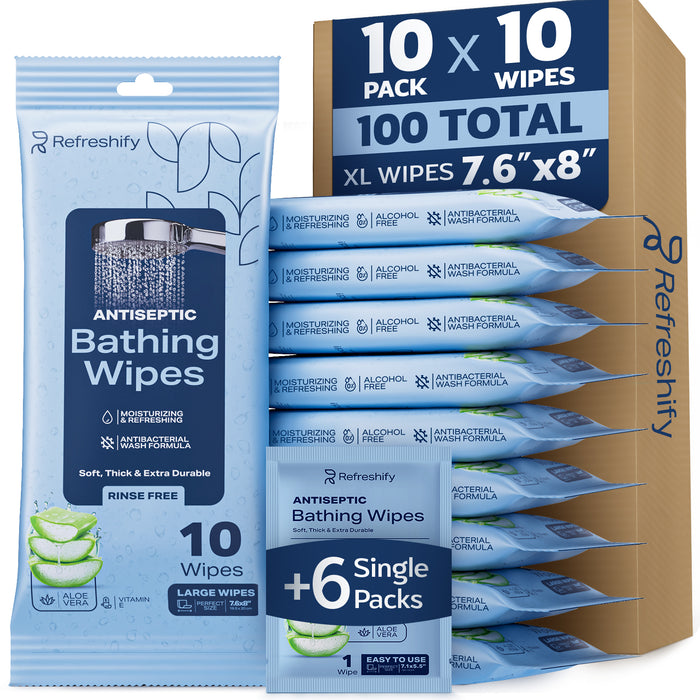 Ultra Thick Shower & Bath Wipes – 100 No Rinse Body Wipes (+ 6 Individual Wipes)
