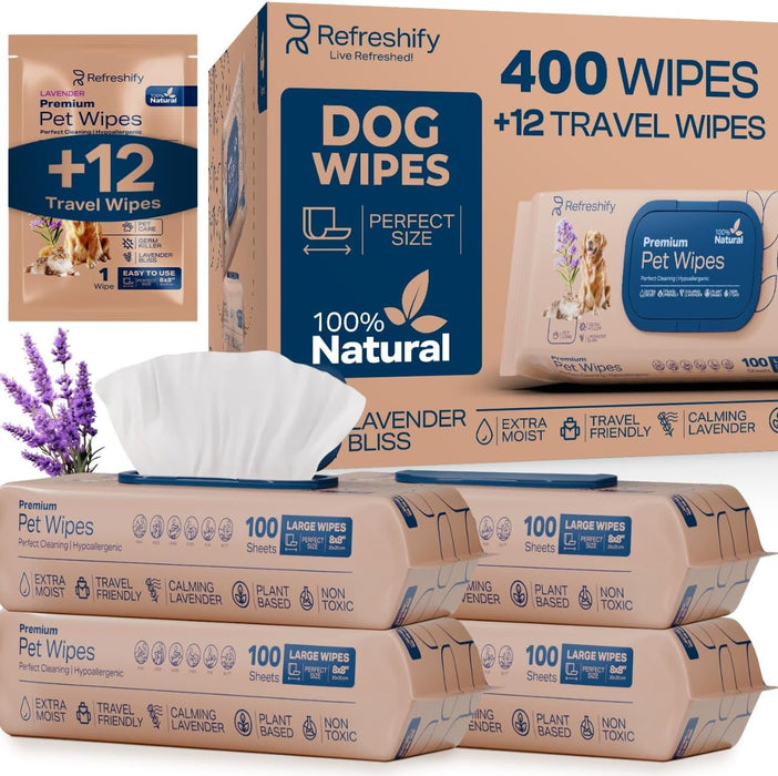 Pet Wipes for Dogs and Cats - 400 Pack Dog Wipes for Paws and Butt - Lavender Plant Based Non Toxic Dog Wipes Cleaning Deodorizing, Face, Fur - Puppy Wipes, Cat Wipes, Plus 12 Additional Travel Wipes