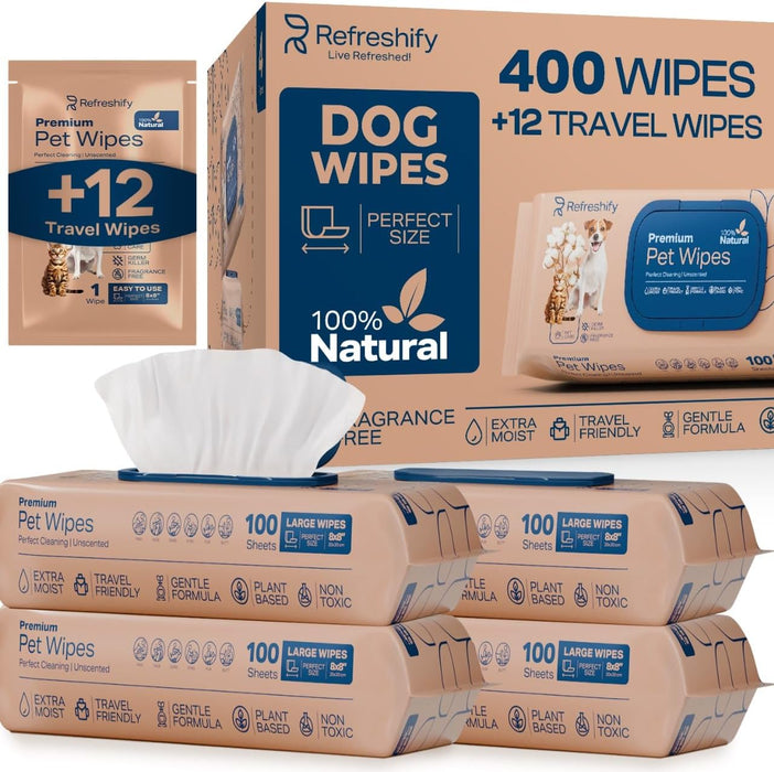 Pet Wipes for Dogs and Cats - 400 Pack Dog Wipes for Paws and Butt - Plant Based Unscented Non Toxic Dog Wipes Cleaning Deodorizing, Face, Fur - Puppy Wipes, Cat Wipes, Plus 12 Additional Travel Wipes