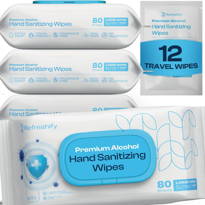 Large Alcohol Wipes 75% Unscented Hand Sanitizing Wipes (320 count +12 travel wipes) Alcohol Wipes for Travel Home and Classroom - Resealable Pack