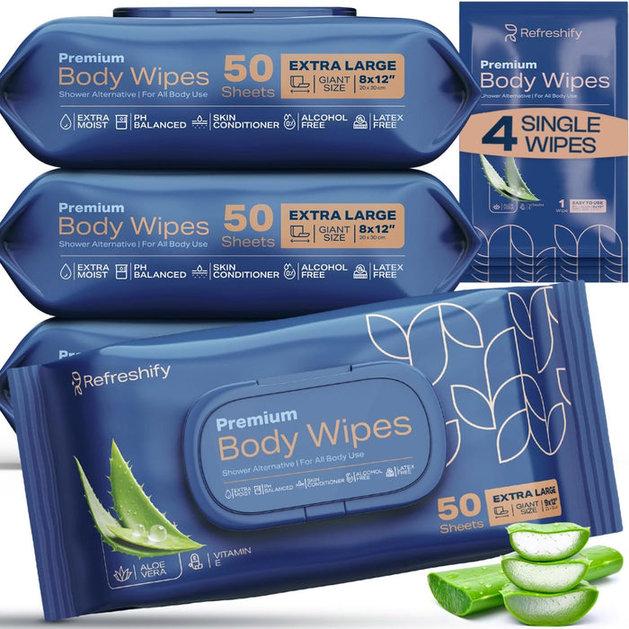 XL Aloe Vera Shower Body Wipes for Adults 8" x 12" (200 count) + 4 Travel wipes | Adult Wipes for Elderly, Shower Body Wipes for Adults Bathing No Rinse, Vitamin E