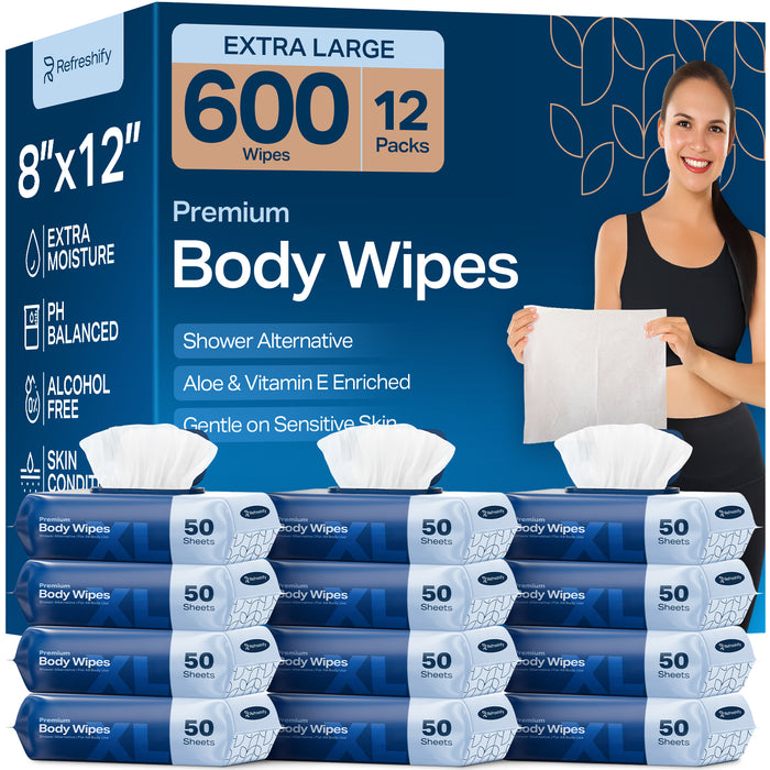 600 Wet Body Wipes for Adults – No Rinse Shower Wipes (XL)