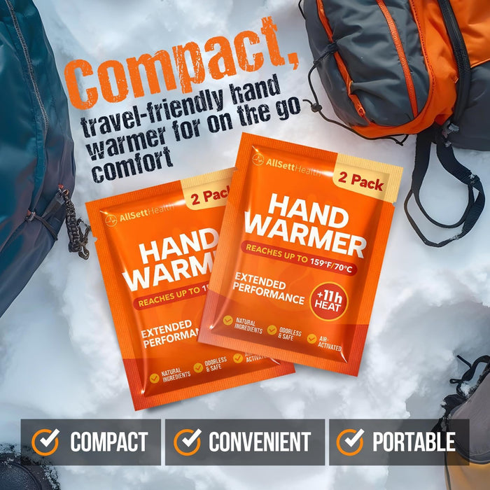AllSett Health Hand Warmers 10 Pairs (20 Warmers), 11 Hour Air-Activated Disposable Heat Packs for Pockets & Gloves, Odorless Portable Warmers for Skiing, Hunting, Camping, Fishing & Winter Sports