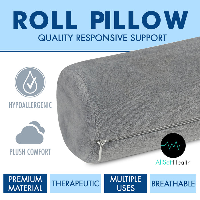 AllSett Health Cervical Neck Roll Memory Foam Pillow, Bolster Pillow, Round Neck Pillows Support for Sleeping | Bolster Pillow for Bed, Legs, Back and Yoga, Grey